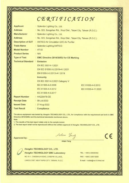 Certyfikat CESplendor LightingOczyszczacz powietrza ANTICO UVC ULPA